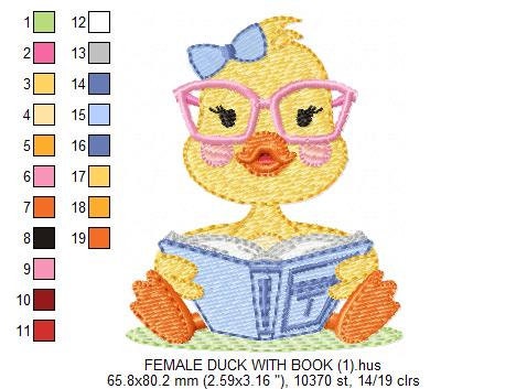 Reading Duck with glasses embroidery design - Duck machine embroidery pattern - Baby boy and girl file - Instant digital download pes jef dst