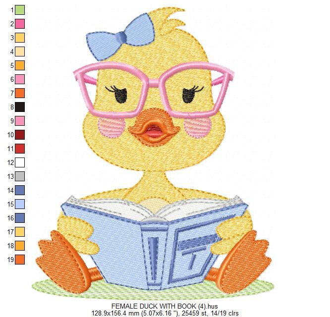 Reading Duck with glasses embroidery design - Duck machine embroidery pattern - Baby boy and girl file - Instant digital download pes jef dst