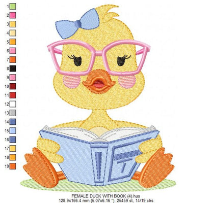 Reading Duck with glasses embroidery design - Duck machine embroidery pattern - Baby boy and girl file - Instant digital download pes jef dst