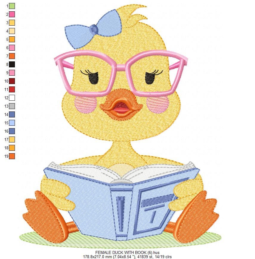 Reading Duck with glasses embroidery design - Duck machine embroidery pattern - Baby boy and girl file - Instant digital download pes jef dst