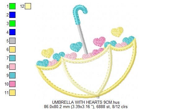 Umbrella with hearts embroidery designs - Umbrella applique machine embroidery pattern - Girl Umbrella applique - Instant download pes jef