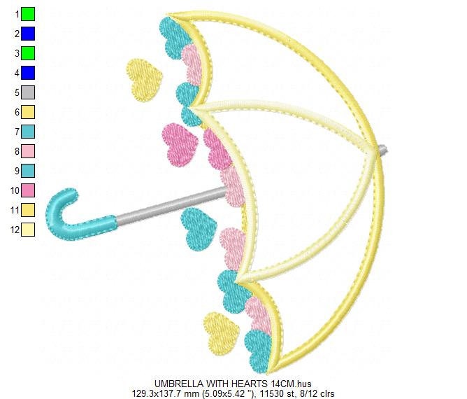 Umbrella with hearts embroidery designs - Umbrella applique machine embroidery pattern - Girl Umbrella applique - Instant download pes jef
