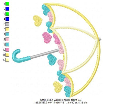 Umbrella with hearts embroidery designs - Umbrella applique machine embroidery pattern - Girl Umbrella applique - Instant download pes jef