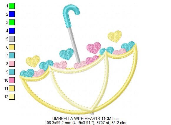 Umbrella with hearts embroidery designs - Umbrella applique machine embroidery pattern - Girl Umbrella applique - Instant download pes jef