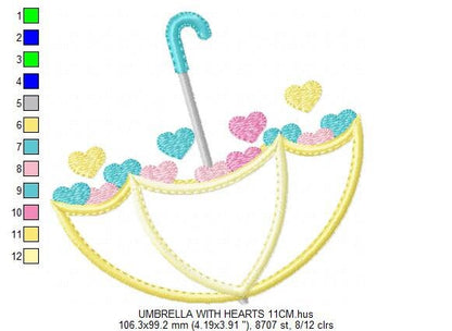 Umbrella with hearts embroidery designs - Umbrella applique machine embroidery pattern - Girl Umbrella applique - Instant download pes jef
