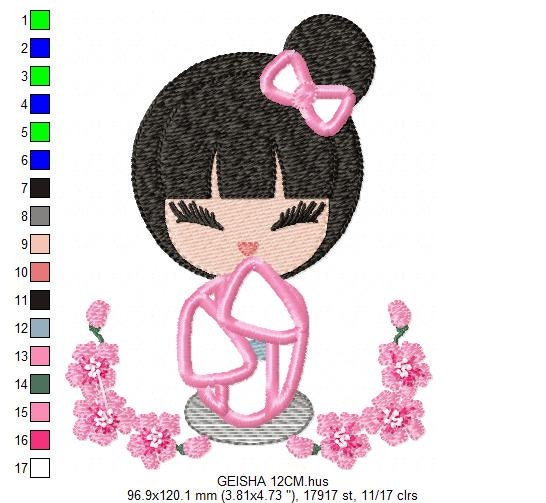 Japanese Geisha embroidery designs - Japanese Girl embroidery design machine embroidery pattern - geisha with flowers embroidery file design