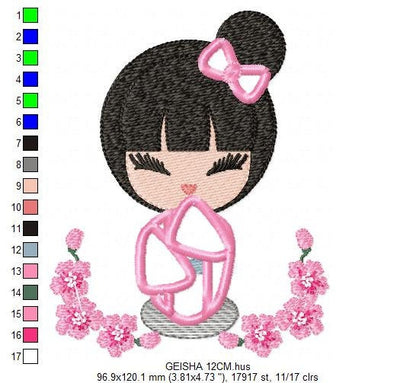 Japanese Geisha embroidery designs - Japanese Girl embroidery design machine embroidery pattern - geisha with flowers embroidery file design