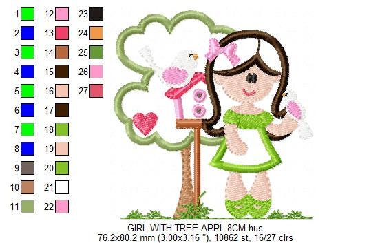 Girl with tree and birdhouse embroidery designs - Girl with birds embroidery design machine embroidery pattern - instant digital download - Marcia Embroidery
