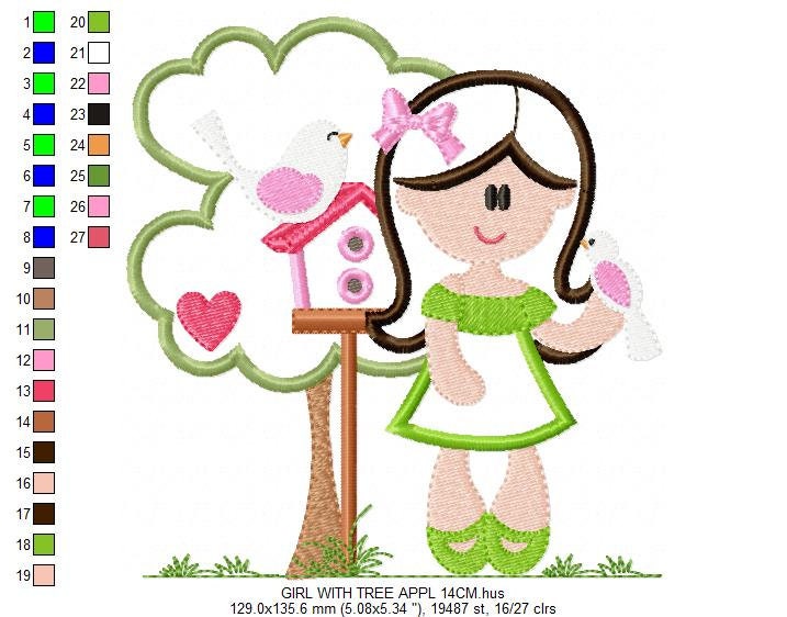 Girl with tree and birdhouse embroidery designs - Girl with birds embroidery design machine embroidery pattern - instant digital download - Marcia Embroidery