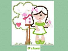 Load image into Gallery viewer, Girl with tree and birdhouse embroidery designs - Girl with birds embroidery design machine embroidery pattern - instant digital download
