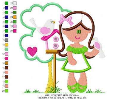Girl with tree and birdhouse embroidery designs - Girl with birds embroidery design machine embroidery pattern - instant digital download - Marcia Embroidery