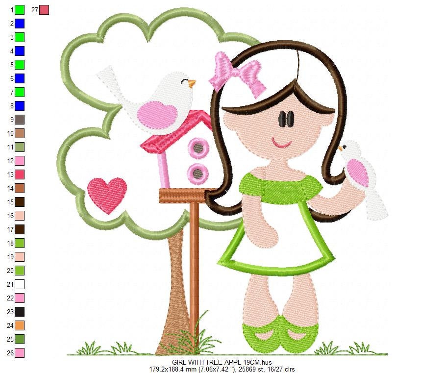 Girl with tree and birdhouse embroidery designs - Girl with birds embroidery design machine embroidery pattern - instant digital download - Marcia Embroidery