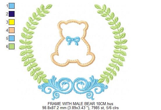 Bear with wreath embroidery design - Teddy Bear with laurel frame machine embroidery pattern - baby girl and boy file - Instant download pes