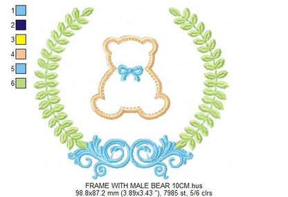 Bear with wreath embroidery design - Teddy Bear with laurel frame machine embroidery pattern - baby girl and boy file - Instant download pes