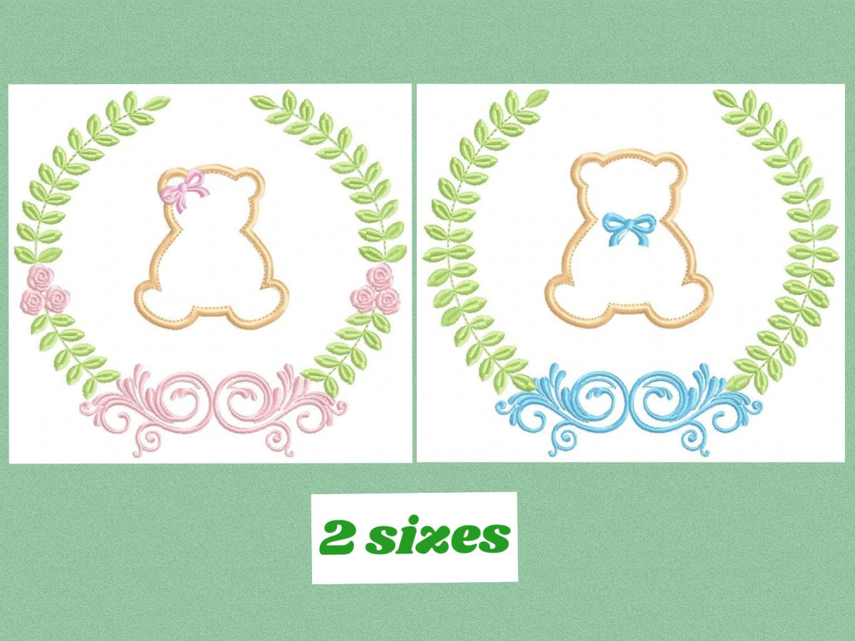 Bear with wreath embroidery design - Teddy Bear with laurel frame machine embroidery pattern - baby girl and boy file - Instant download pes