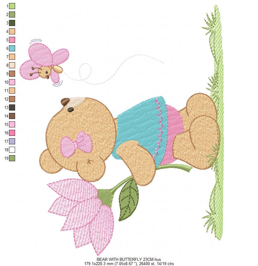 Teddy Bear embroidery designs - Baby girl embroidery design machine embroidery pattern - Bear with butterfly embroidery file - digital file