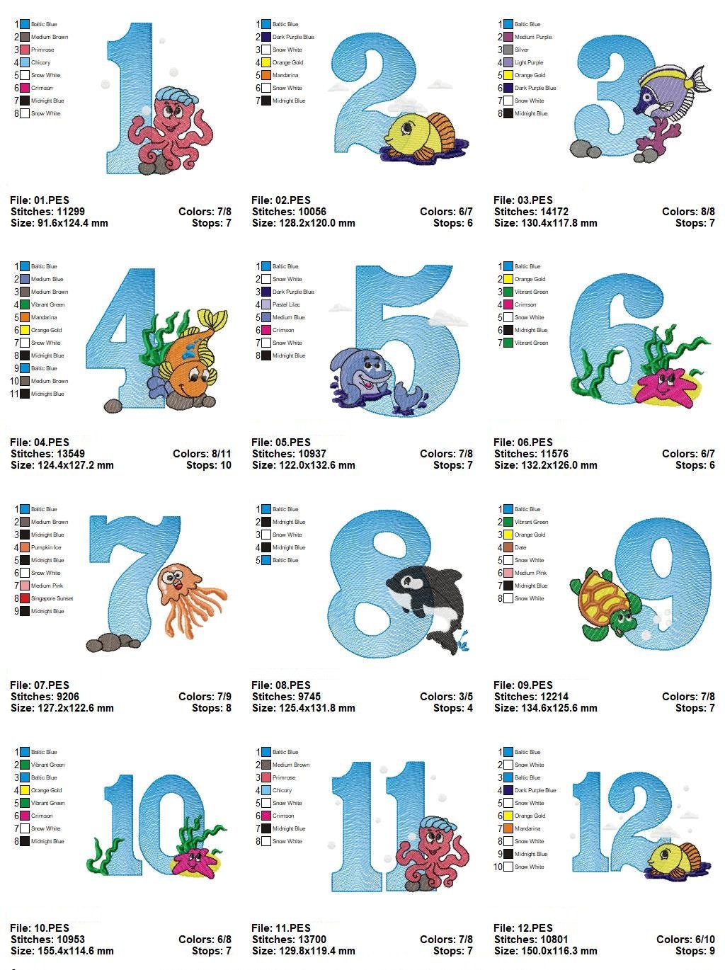 Birthday Numbers embroidery designs set - Numbers with sea animals Embroidery Design Machine embroidery file - Numbers with fishes design