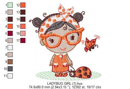 Ladybug embroidery designs - Baby girl embroidery design machine embroidery pattern file - Young Lady embroidery file - girl with glasses