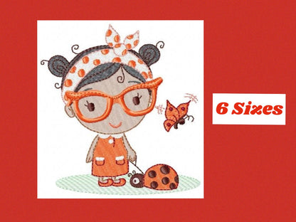 Ladybug embroidery designs - Baby girl embroidery design machine embroidery pattern file - Young Lady embroidery file - girl with glasses