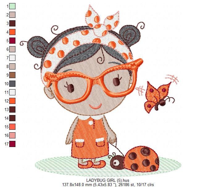 Ladybug embroidery designs - Baby girl embroidery design machine embroidery pattern file - Young Lady embroidery file - girl with glasses