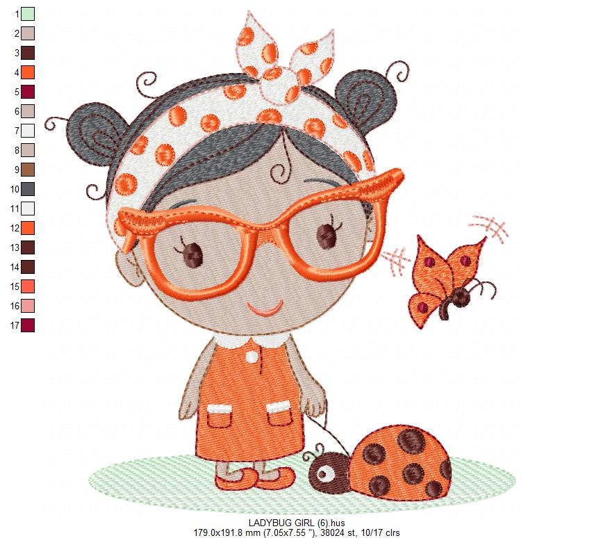 Ladybug embroidery designs - Baby girl embroidery design machine embroidery pattern file - Young Lady embroidery file - girl with glasses