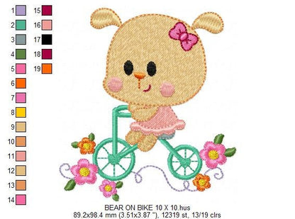 Bear embroidery designs - Baby Girl embroidery design machine embroidery pattern - Bear in a bike embroidery filled design digital download Marcia Embroidery