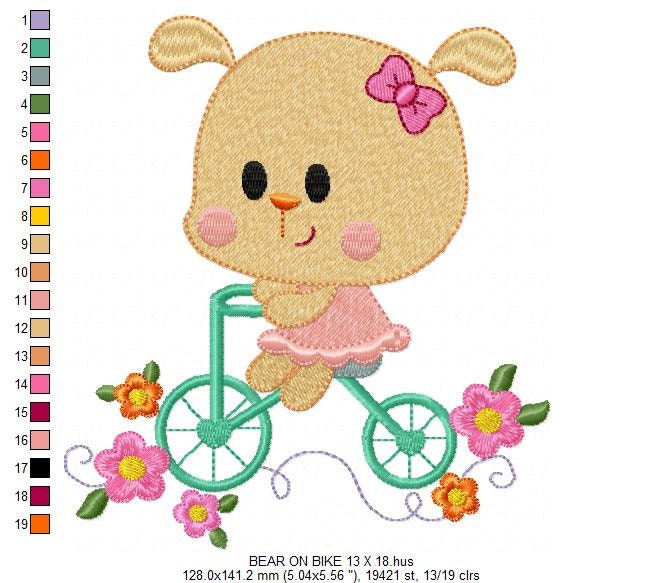 Bear embroidery designs - Baby Girl embroidery design machine embroidery pattern - Bear in a bike embroidery filled design digital download Marcia Embroidery