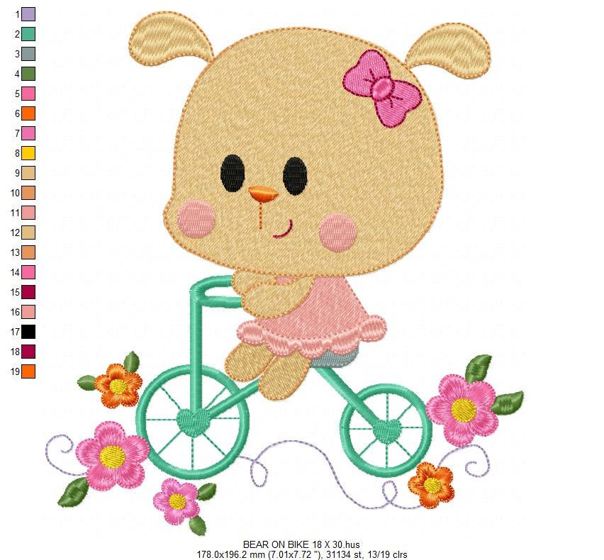 Bear embroidery designs - Baby Girl embroidery design machine embroidery pattern - Bear in a bike embroidery filled design digital download Marcia Embroidery