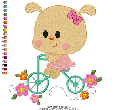 Bear embroidery designs - Baby Girl embroidery design machine embroidery pattern - Bear in a bike embroidery filled design digital download Marcia Embroidery