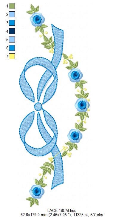 Lace with flowers embroidery design - Bow Tie with flowers machine embroidery pattern - Baby girl file - Instant digital download pes jef dst