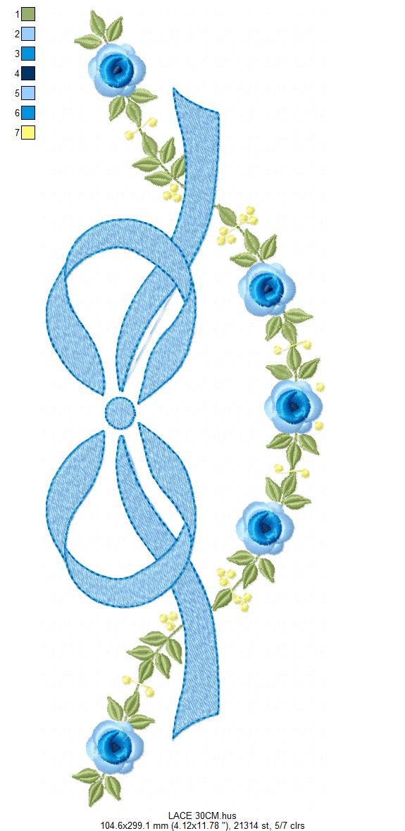 Lace with flowers embroidery design - Bow Tie with flowers machine embroidery pattern - Baby girl file - Instant digital download pes jef dst