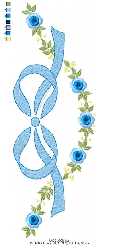 Lace with flowers embroidery design - Bow Tie with flowers machine embroidery pattern - Baby girl file - Instant digital download pes jef dst