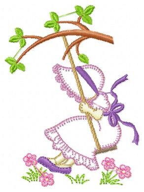 Sunbonnet embroidery designs - Girl on swing embroidery design machine embroidery pattern - Tree and flowers - Instant download pes jef dst