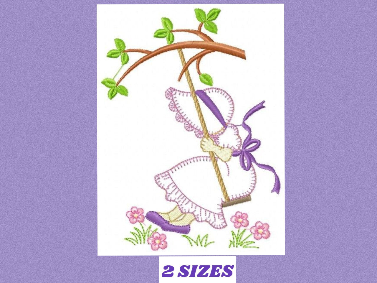 Sunbonnet embroidery designs - Girl on swing embroidery design machine embroidery pattern - Tree and flowers - Instant download pes jef dst