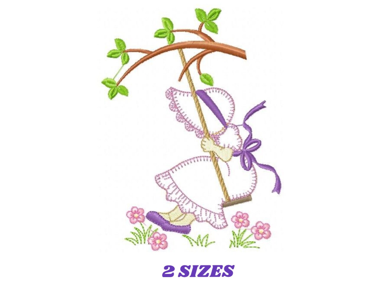 Sunbonnet embroidery designs - Girl on swing embroidery design machine embroidery pattern - Tree and flowers - Instant download pes jef dst