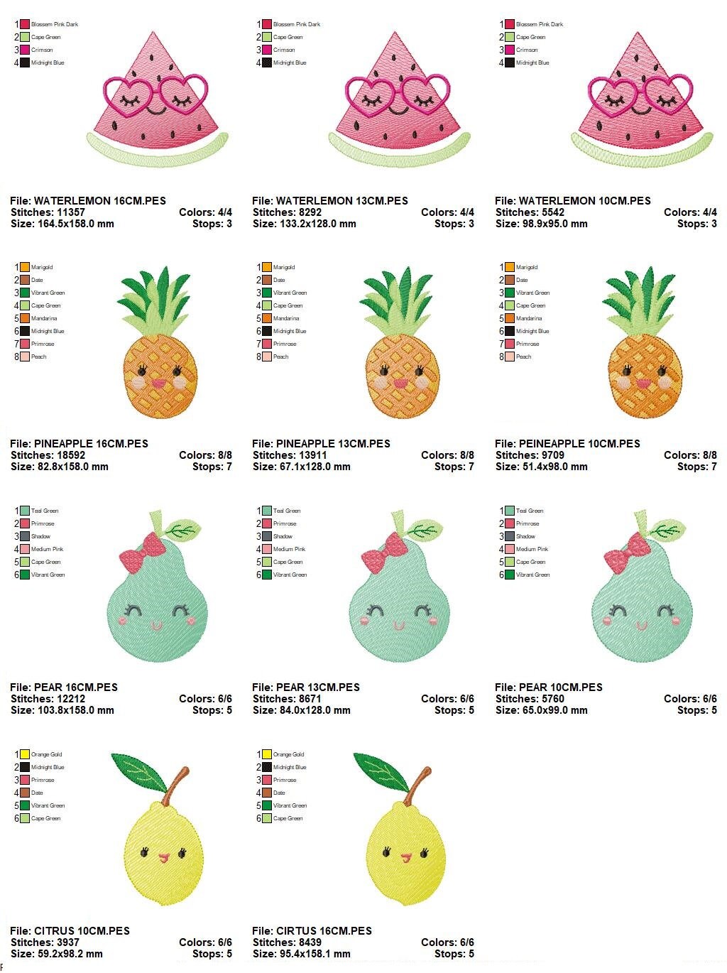 Fruit embroidery design machine embroidery Watermelon embroidery file Pineapple embroidery Pear embroidery Lemon embroidery Fruit with face