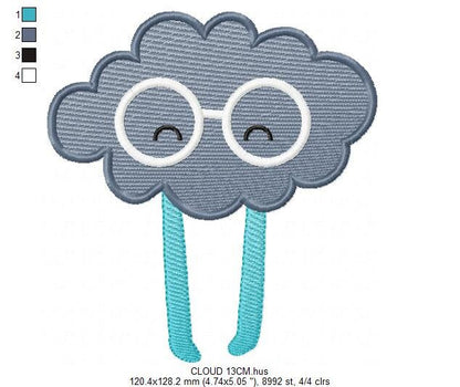 Cloud embroidery design rain embroidery designs machine embroidery pattern baby embroidery file kid embroidery cloud with glasses design