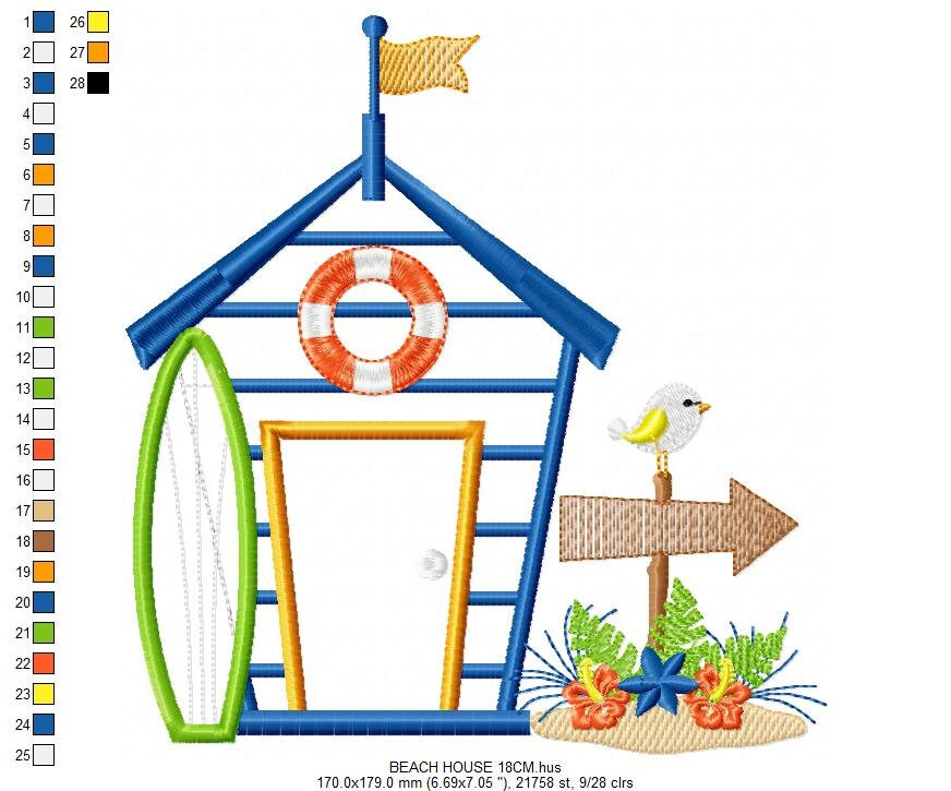 Beach House embroidery designs - Surfer board machine embroidery pattern - Surf embroidery file - Beach house applique - Instant download