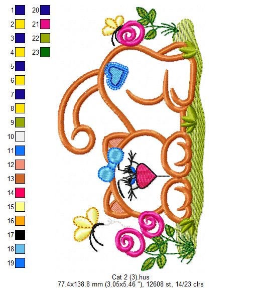 Cat embroidery design - Animal Kitty with flowers applique machine embroidery pattern - Baby girl file - Instant digital download pes jef