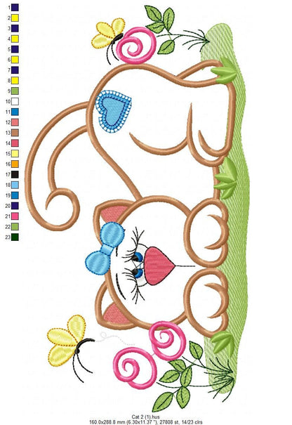 Cat embroidery design - Animal Kitty with flowers applique machine embroidery pattern - Baby girl file - Instant digital download pes jef