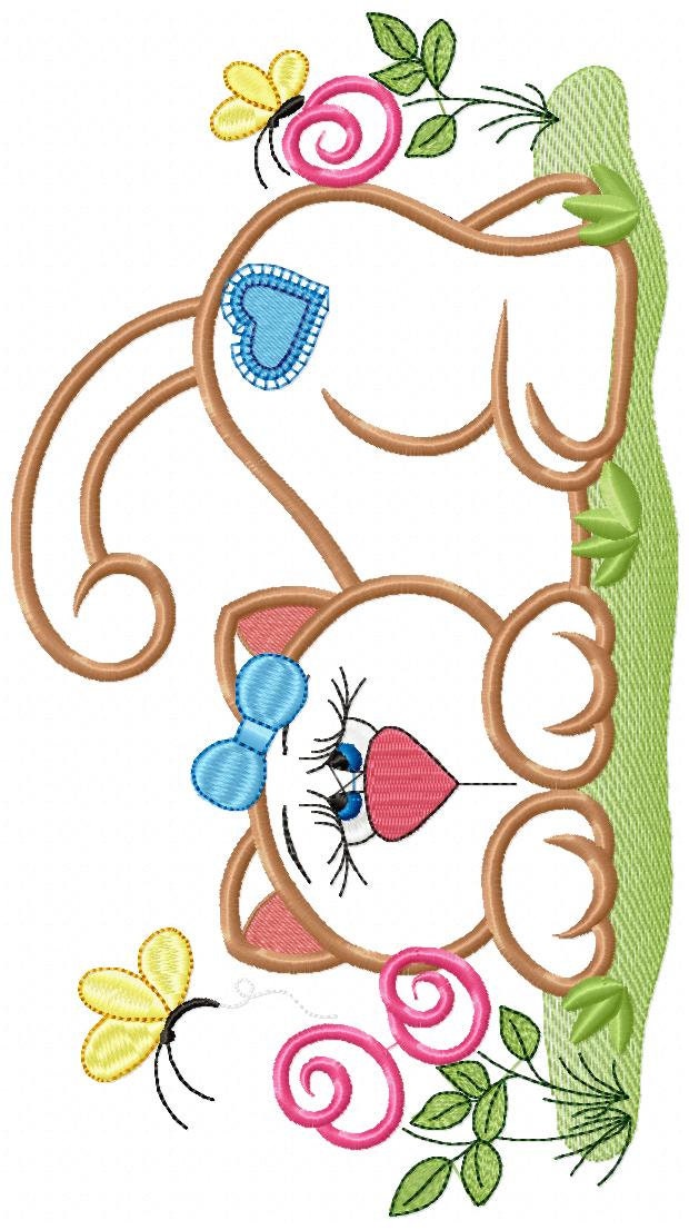 Cat embroidery design - Animal Kitty with flowers applique machine embroidery pattern - Baby girl file - Instant digital download pes jef