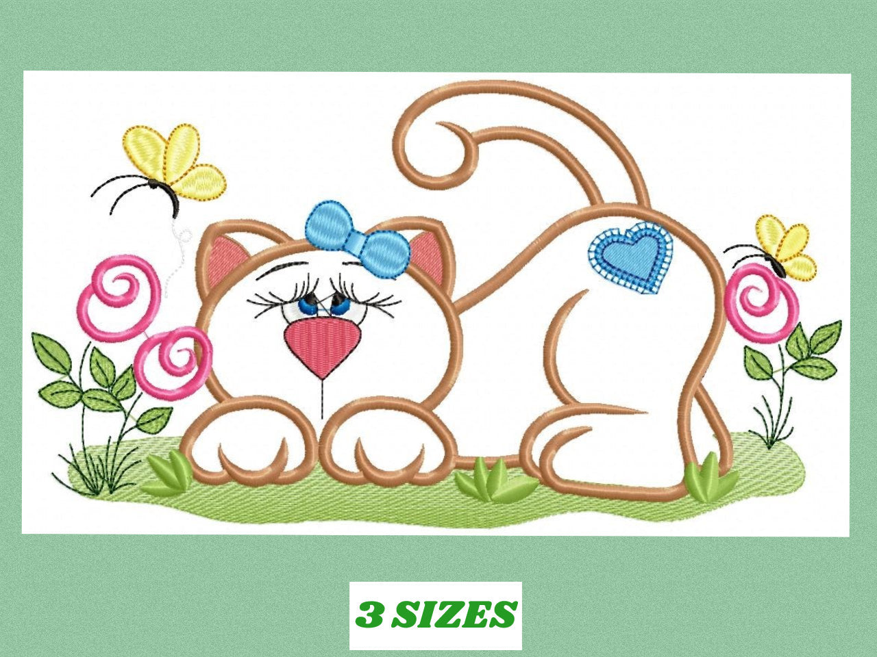 Cat embroidery design - Animal Kitty with flowers applique machine embroidery pattern - Baby girl file - Instant digital download pes jef