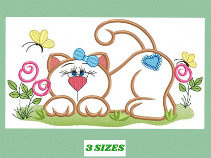 Cat embroidery design - Animal Kitty with flowers applique machine embroidery pattern - Baby girl file - Instant digital download pes jef