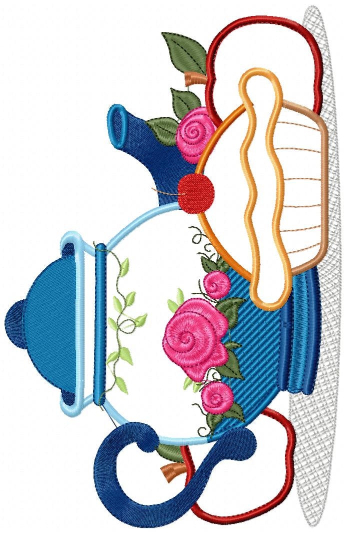 Pie embroidery design - Teapot applique machine embroidery pattern - Kitchen Towel file - Apple pie applique - Instant download pes jef dst