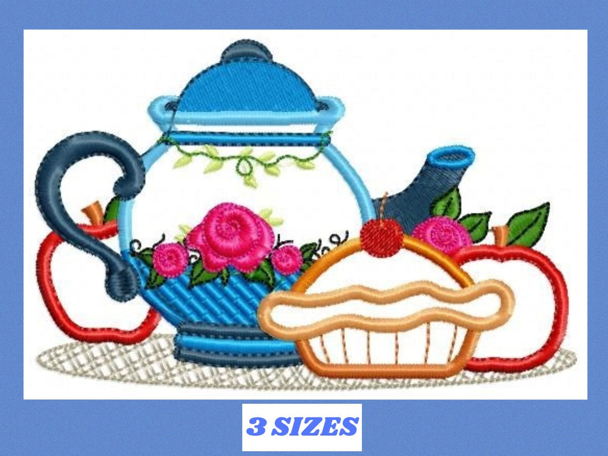 Pie embroidery design - Teapot applique machine embroidery pattern - Kitchen Towel file - Apple pie applique - Instant download pes jef dst