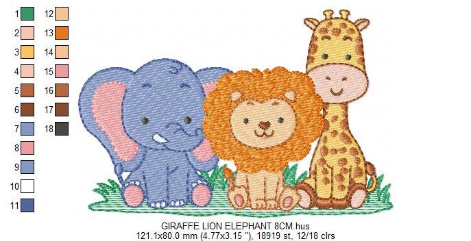 Safari wild animals embroidery designs - Elephant Lion and Giraffe machine pattern - Baby boy and girl file - Instant digital download pes