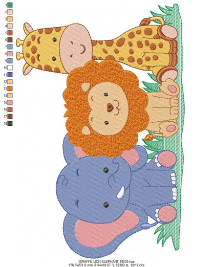 Safari wild animals embroidery designs - Elephant Lion and Giraffe machine pattern - Baby boy and girl file - Instant digital download pes