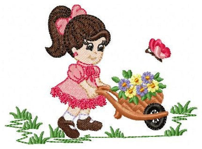 Girl embroidery designs - Flower girl machine embroidery pattern - Baby Girl with flower cart file - Instant digital download pes jef dst