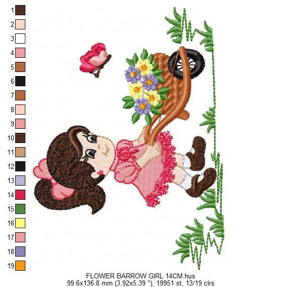 Girl embroidery designs - Flower girl machine embroidery pattern - Baby Girl with flower cart file - Instant digital download pes jef dst