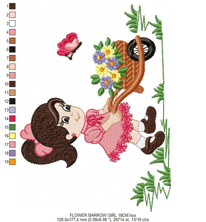 Girl embroidery designs - Flower girl machine embroidery pattern - Baby Girl with flower cart file - Instant digital download pes jef dst
